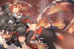  brown_hair fire hinauri_(nurupon) kantai_collection kneehighs red_eyes seifuku skirt torn_clothes weapon yuudachi_(kancolle) 