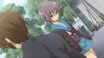  blush brown_eyes brown_hair game_cg glasses koizumi_itsuki nagato_yuki purple_hair seifuku short_hair suzumiya_haruhi_no_tsuisou suzumiya_haruhi_no_yuutsu tree 