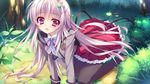  anapom bow game_cg kitazono_saya long_hair pantyhose red_eyes ribbons seifuku shukufuku_no_kane_no_oto_wa_sakura-iro_no_kaze_to_tomo_ni white_hair 