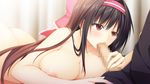  black_hair blush bow breasts brown_hair censored ensemble_(company) fellatio game_cg kannon_ouji kanojo_wa_ecchi_de_midara_na_hentai kinosaki_yoshino long_hair nipples penis sorai_shinya tagme 