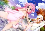  animal_ears autumn breasts dog_days doggirl flat_chest long_hair megami millhiore_f_biscotti nude onsen ootsuka_akira orange_eyes orange_hair pink_hair purple_eyes ricotta_elmar scan short_hair tail towel tree water 