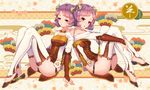  2girls blush elbow_gloves fangxiang_cuoluan horns original purple_eyes purple_hair short_hair thighhighs underwear 