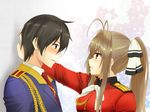  amagi_brilliant_park black_hair blush brown_hair close kanie_seiya long_hair ponytail red_eyes sento_isuzu short_hair uniform 