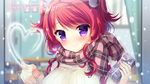  1girl blush bow chuablesoft female fingernails fringe gift head_tilt heart highres holding k.y_ko looking_at_viewer plaid_scarf present purple_eyes red_hair ribbons rinka_(chuablesoft) scarf smile snow snowflake solo sweater two_side_up valentine wallpaper 