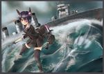  black_legwear eyepatch fingerless_gloves gamyuu_(gamyu) gloves headgear imperial_japanese_navy kantai_collection left-handed military military_vehicle namesake necktie purple_hair ready_to_draw school_uniform ship short_hair skirt smokestack sword tenryuu_(kantai_collection) tenryuu_(light_cruiser) thighhighs turret warship watercraft waves weapon yellow_eyes 