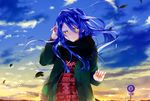  blue_hair blush clouds leaves long_hair masami05071541 original scarf sky yellow_eyes 