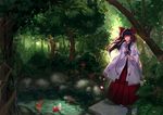  animal bow ego fish forest hakurei_reimu japanese_clothes long_hair miko scenic touhou tree twintails water 