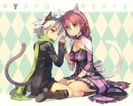  2girls animal_ears blue_eyes boots bow braids breasts btoor catgirl cleavage dress eiyuu_densetsu emma_millstein fie_claussell glasses goggles green_eyes kneehighs long_hair pink_hair ribbons scarf sen_no_kiseki short_hair tail white_hair wristwear 