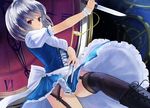  boots dress garter_belt gray_hair headdress izayoi_sakuya knife maid muireko red_eyes stockings thighhighs touhou weapon wristwear 