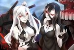  2girls aircraft_carrier_hime anthropomorphism battleship-symbiotic_hime black_hair breasts cleavage dress horns kantai_collection long_hair red_eyes torn_clothes white_hair wristwear yukiru_akitera 