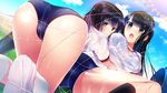  2girls ass black_eyes black_hair bloomers bra game_cg gym_uniform hebita_shiori himawari_to_koi_no_kioku kazuharu_kina long_hair see_through tsukinoura_ai underwear wet 