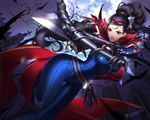  black_eyes black_hair bodysuit bow_(weapon) cape goggles league_of_legends liuruoyu8888 long_hair moon ponytail shauna_vayne skintight weapon 