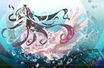  barefoot bubbles crown dress green_hair mermaid pink_hair suu_(knzksu) underwater vocaloid water white_hair 