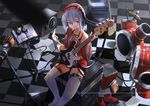  blue_hair book chaika_bohdan drums feirla glasses guitar headdress headphones hitsugi_no_chaika instrument microphone paper pink_eyes short_hair shorts thighhighs 