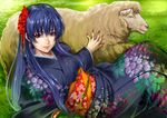  animal blue_hair brown_eyes flowers grass japanese_clothes kimono long_hair original pandaraion_(kanikani2950) sheep 