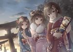  brown_eyes brown_hair clouds d-style_wed japanese_clothes jintsuu_(kancolle) kantai_collection kimono naka_(kancolle) scarf sendai_(kancolle) torii twintails 