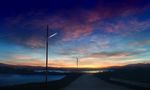  cloudy_sky commentary_request fence lamppost mks no_humans original outdoors path road scenery sky sunset vanishing_point water 