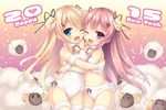  2girls animal blonde_hair horns long_hair original pink_hair ryo thighhighs wink 