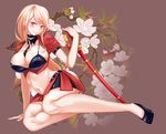  bikini_top blonde_hair breasts cleavage flowers open_shirt original sword traces weapon 