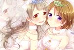  2girls blue_eyes blush breasts brown_hair choker cleavage dress hinano koizumi_hanayo love_live!_school_idol_project minami_kotori necklace petals purple_eyes tiara wedding_attire 