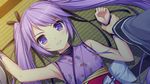  blush game_cg japanese_clothes long_hair purple_eyes purple_hair ribbons sayori sengoku_hime tagme_(character) twintails wristwear 