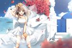  blue_eyes breasts brown_hair ceru cleavage clouds flowers long_hair original petals skirt wedding_attire wristwear 