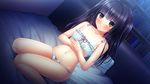  bed black_hair blush bra game_cg hebita_shiori himawari_to_koi_no_kioku kazuharu_kina panties underwear wet yellow_eyes 