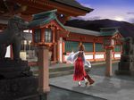  brown_hair japanese_clothes landscape long_hair miko original scenic shrine skirt twintails yomito 