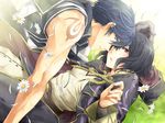  black_hair blue_eyes blue_hair cape chrom_(fire_emblem) fire_emblem flowers gloves grass k-mame male my_unit_(fire_emblem) petals red_eyes short_hair tattoo 