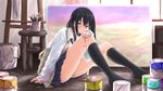  absurdres arm_support black_hair blush coffee_mug cup easel highres kneehighs long_hair mug original paint_can paintbrush painting_(object) rucchiifu school_uniform serafuku solo stool 