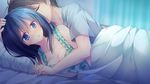  bed blue_eyes blue_hair blush breasts cleavage game_cg hoshino_nagisa hug kimi_no_tonari_de_koishiteru! long_hair motomiya_mitsuki 