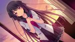  akinashi_yuu ao_no_kanata_no_four_rhythm black_hair blush game_cg long_hair purple_eyes ribbons seifuku skirt sunset tobisawa_misaki 