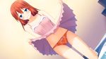  blue_eyes blush game_cg navel panties red_hair rosebleu sekai_wo_sukuu_dake_no_kantan_na_oshigoto skirt skirt_lift underwear yamanashi_akari 