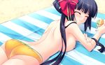  ass beach bikini black_hair blush bow breasts game_cg hasegawa_yukino himekami_akane koi_x_koi_=_infinity long_hair nipples peassoft swimsuit topless 