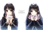  2girls black_hair blush brown_eyes kazuharu_kina long_hair original scarf seifuku twintails watermark white 