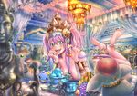  animal barefoot breasts cherry cleavage crown elephant food fruit green_eyes lakshmi_(p&amp;d) purple_hair puzzle_&amp;_dragons sho_(shoichi-kokubun) 