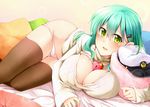  bed blush breasts cleavage green_eyes green_hair hat kantai_collection necklace no_bra panties ray83222 suzuya_(kancolle) thighhighs underwear 