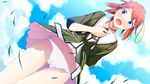  blue_eyes blush game_cg panties red_hair rosebleu sekai_wo_sukuu_dake_no_kantan_na_oshigoto skirt skirt_lift sky underwear upskirt yamanashi_akari 