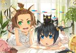  2girls animal animal_ears bell black_hair blue_eyes brown_hair cat catgirl green_eyes kimura_(ykimu) original ponytail 