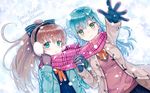  2girls aqua_eyes blue_hair brown_hair earmuffs gloves hiten_goane_ryu kantai_collection kumano_(kancolle) long_hair scarf snow suzuya_(kancolle) winter 