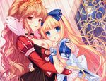  2girls alice_(wonderland) alice_in_wonderland ass_grab blonde_hair blue_eyes blush breasts brown_hair dress hug long_hair nipples queen_of_hearts red_eyes sayori scan 