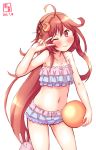  :3 ahoge artist_logo ball bikini bunny_hair_ornament collarbone commentary_request cowboy_shot crescent crescent_hair_ornament dated frilled_bikini frills hair_ornament hair_ribbon highres kanon_(kurogane_knights) kantai_collection long_hair looking_at_viewer low-tied_long_hair navel one_eye_closed pink_hair red_eyes revision ribbon simple_background smile solo swimsuit uzuki_(kantai_collection) v v-shaped_eyebrows v_over_eye white_background white_bikini 