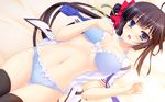  bed black_hair blue_eyes blush bra game_cg hasegawa_yukino himekami_akane koi_x_koi_=_infinity long_hair navel open_shirt peassoft seifuku thighhighs underwear 