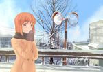  clouds gloves hagiwara_yukiho idolmaster jyon orange_eyes orange_hair scarf short_hair snow tree winter 