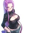  blush breasts cleavage fate/stay_night glasses long_hair no_bra purple_eyes purple_hair rider shirabi_(life-is-free) white 