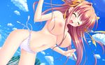  amakake_naho bikini breasts brown_hair clouds game_cg koi_x_koi_=_infinity long_hair mitsui_mana navel nipples peassoft ribbons sky swimsuit topless 