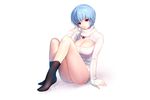  ayanami_rei blue_hair breasts cleavage matsuki_ringo necklace neon_genesis_evangelion nopan red_eyes short_hair signed socks white 