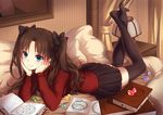  bed blue_eyes book brown_hair fate/stay_night fullmetal_alchemist long_hair ribbons skirt thighhighs tohsaka_rin twintails yezhi_na zettai_ryouiki 