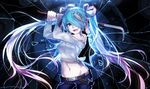  aqua_eyes aqua_hair bai_yemeng hatsune_miku karune_ca long_hair navel ribbons twintails vocaloid weapon 