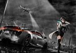  aircraft black_hair blue_eyes car city clouds combat_vehicle glasses gun long_hair original phone polychromatic rain shijiu_(adamhutt) skirt sky thighhighs water weapon zettai_ryouiki 